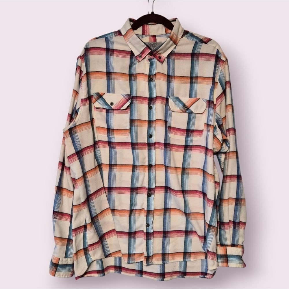 Ocean + Coast Mens XL PlaFlannel Red White & Blue Long Sleeve Button Up Shirt